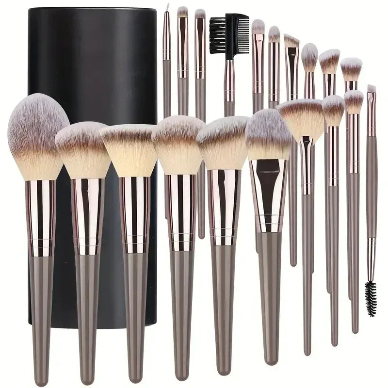 Set of premium synthetic makeup brushes with grey handles and carrying case