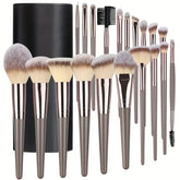 Set of premium synthetic makeup brushes with grey handles and carrying case