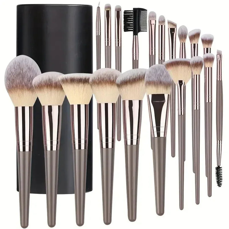 Set of premium synthetic makeup brushes with grey handles and carrying case