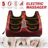 Red and black electric foot massager with heat therapy, soft fabric, cushioned fit, adjustable settings