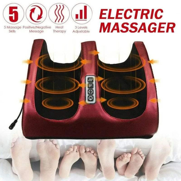 Red and black electric foot massager with heat therapy, soft fabric, cushioned fit, adjustable settings
