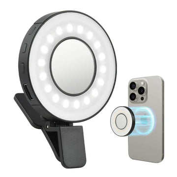 Portable LED ring light clip with magnetic mount for smartphones, adjustable brightness
