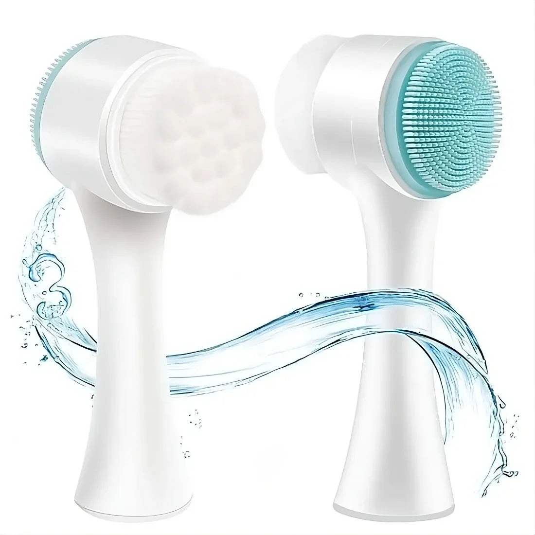 Dual-sided white silicone and bristle facial cleansing brush with aqua blue accents