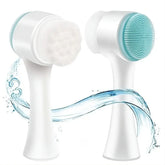 Dual-sided white silicone and bristle facial cleansing brush with aqua blue accents