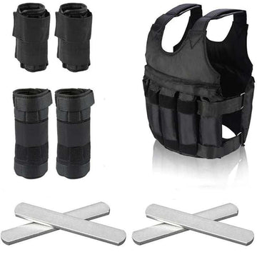 Black tactical vest set with adjustable straps and arm cuffs, durable fabric, unisex fit