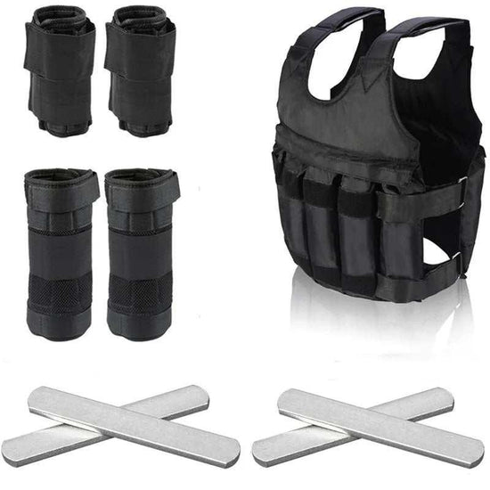Black tactical vest set with adjustable straps and arm cuffs, durable fabric, unisex fit