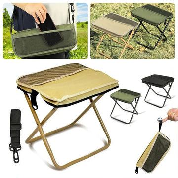 Foldable camping stool in beige, green, and black with mesh storage, lightweight portable design.
