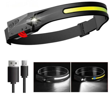 Black adjustable LED headlamp with yellow accents, USB charging cable, and hands-free sensor