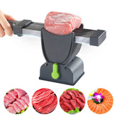 Meat slicer kitchen tool cutting raw beef with examples of sliced meat, sushi, and sashimi