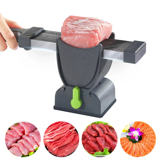Meat slicer kitchen tool cutting raw beef with examples of sliced meat, sushi, and sashimi
