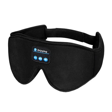 Black Bluetooth sleep mask with soft fabric, adjustable strap, and control buttons, ergonomic fit
