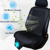 Black ventilated car seat cover with airflow design, ergonomic fit, and quiet cooling fan