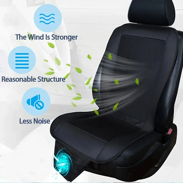 Black ventilated car seat cover with airflow design, ergonomic fit, and quiet cooling fan