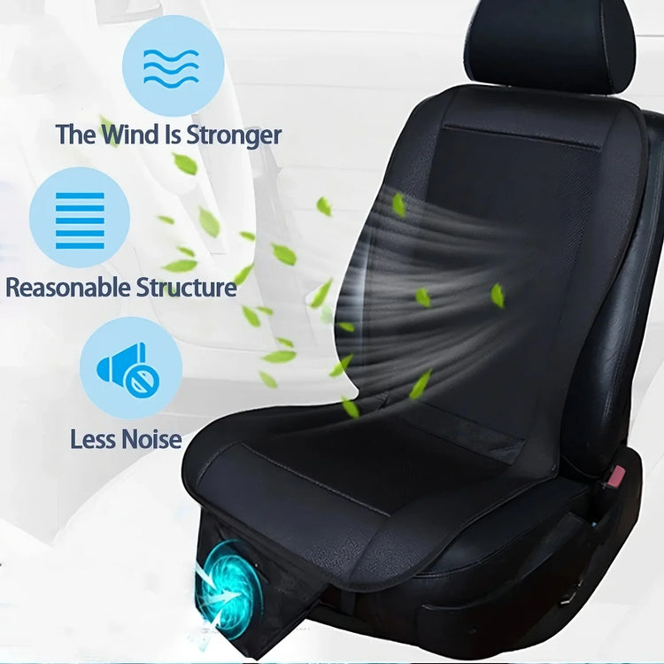 Black ventilated car seat cover with airflow design, ergonomic fit, and quiet cooling fan