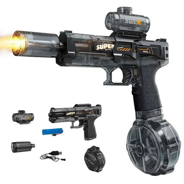 Black and transparent plastic toy blaster with round drum magazine and detachable accessories