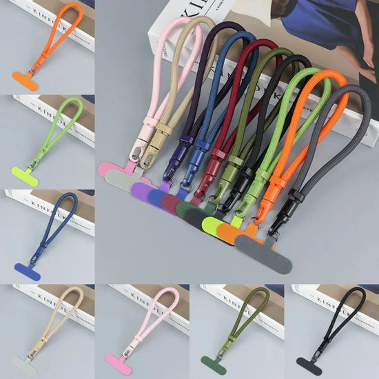 Colorful nylon phone lanyards in assorted shades, featuring adjustable straps and secure clips.
