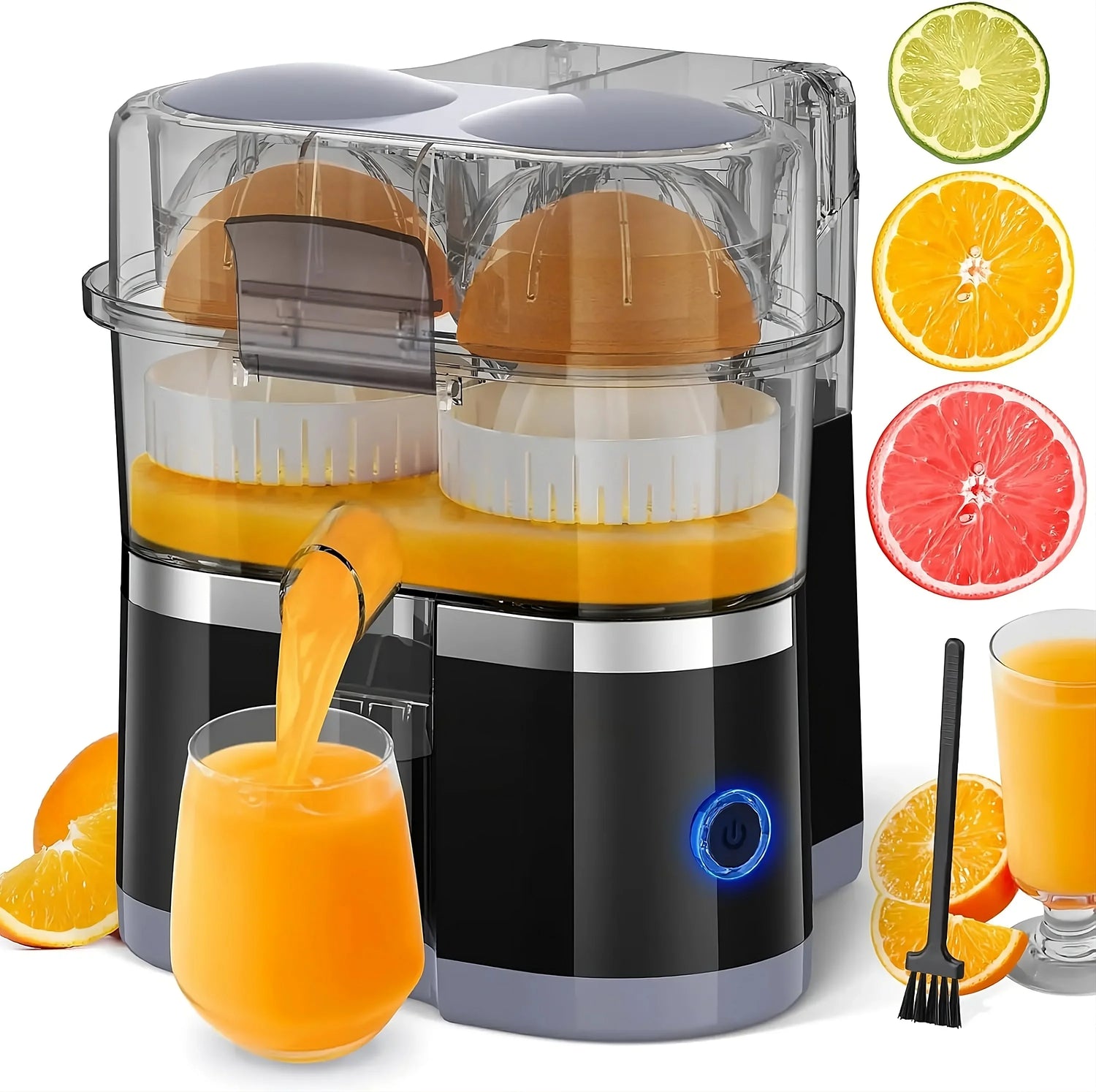 Electric citrus juicer extracting fresh orange juice into a glass, with lime, orange, and grapefruit slices nearby.