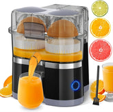 Electric citrus juicer extracting fresh orange juice into a glass, with lime, orange, and grapefruit slices nearby.