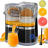Electric citrus juicer extracting fresh orange juice into a glass, with lime, orange, and grapefruit slices nearby.