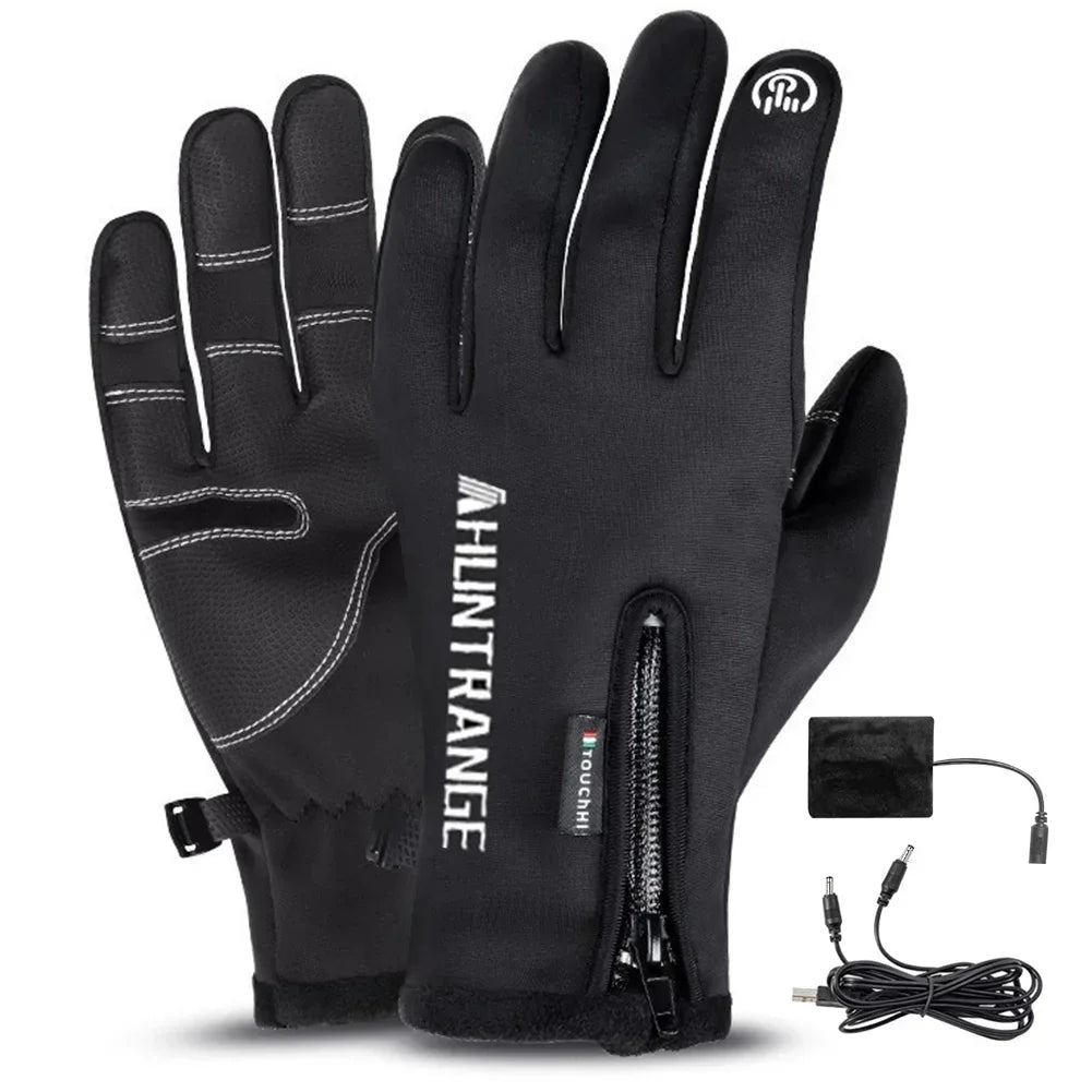 Black heated touchscreen gloves with zipper, tech fabric, slim fit, and charging cable included