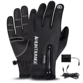 Black heated touchscreen gloves with zipper, tech fabric, slim fit, and charging cable included