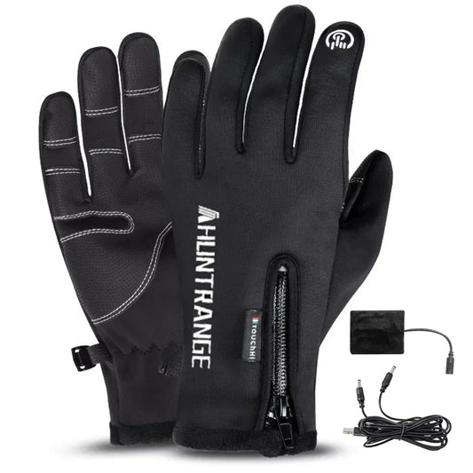 Black heated touchscreen gloves with zipper, tech fabric, slim fit, and charging cable included