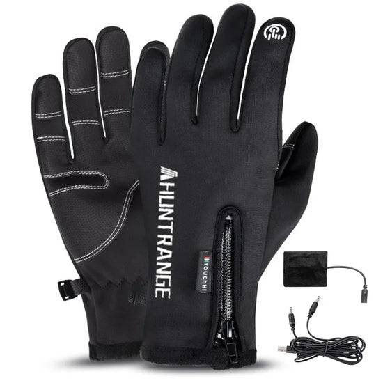 Black heated touchscreen gloves with zipper, tech fabric, slim fit, and charging cable included