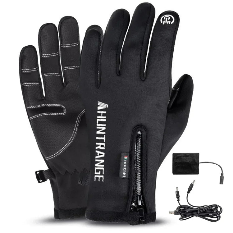 Black heated touchscreen gloves with zipper, tech fabric, slim fit, and charging cable included