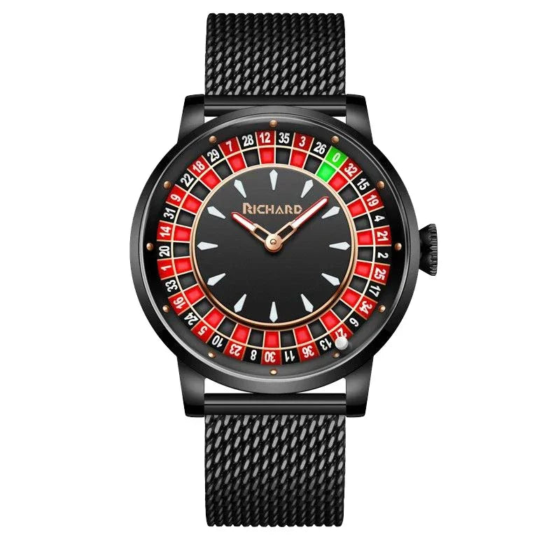 Black mesh strap watch with roulette-style dial, red and green number accents, round case