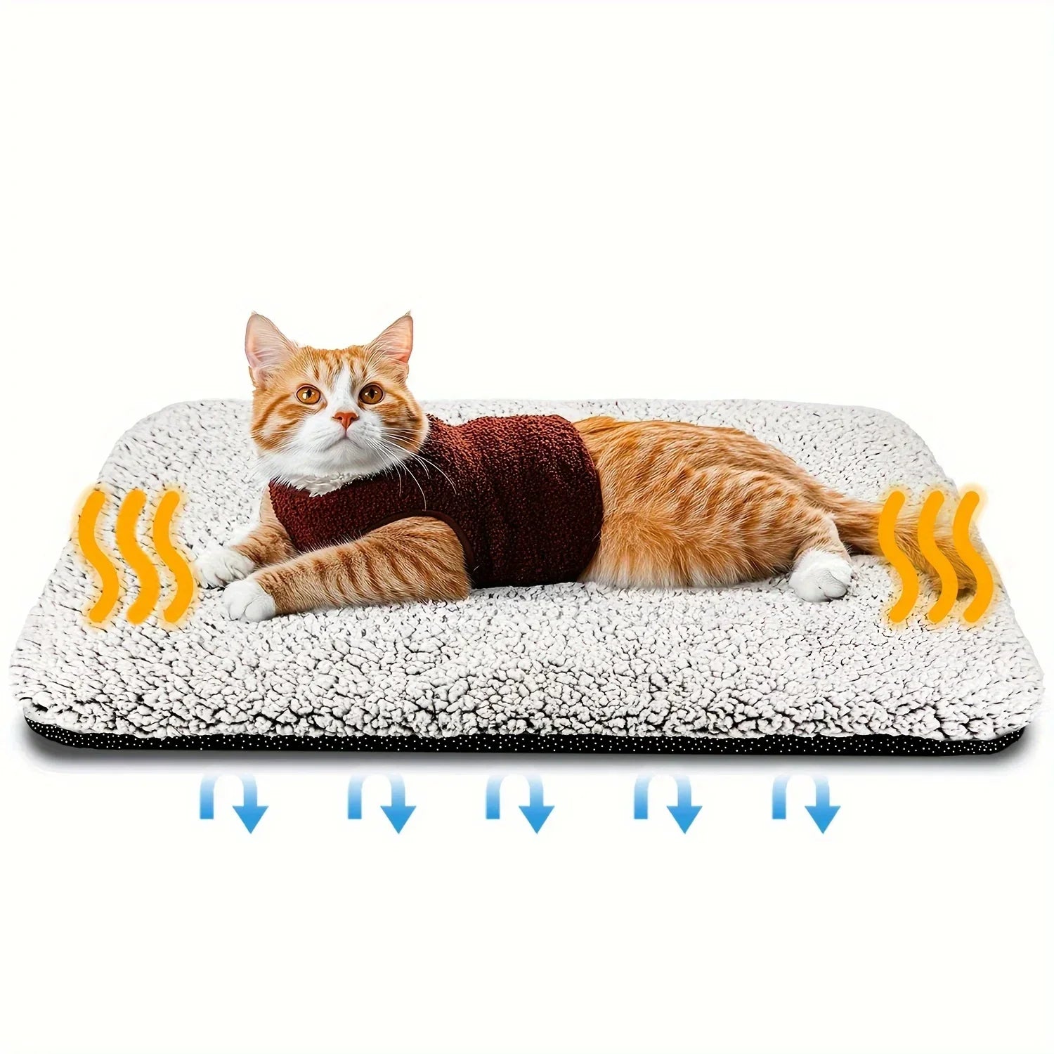 Cat in a textured maroon sweater on a white sherpa fleece heating pad, relaxed fit.