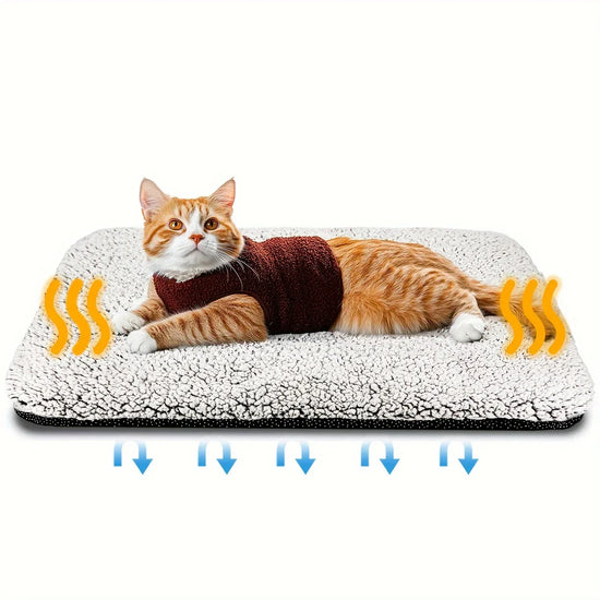 Cat in a textured maroon sweater on a white sherpa fleece heating pad, relaxed fit.