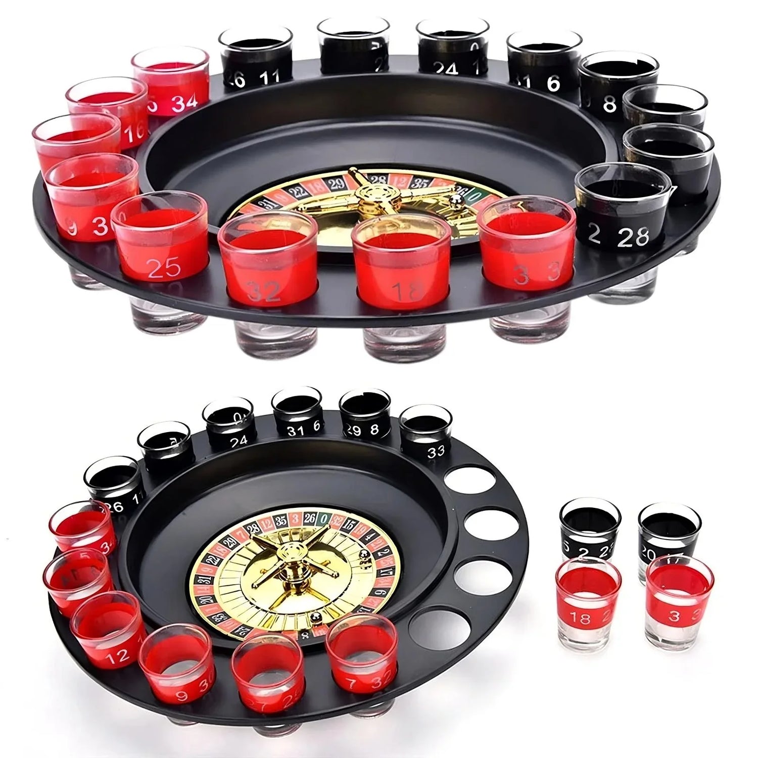 Glass roulette drinking game set with numbered red and black shot glasses on a black tray.