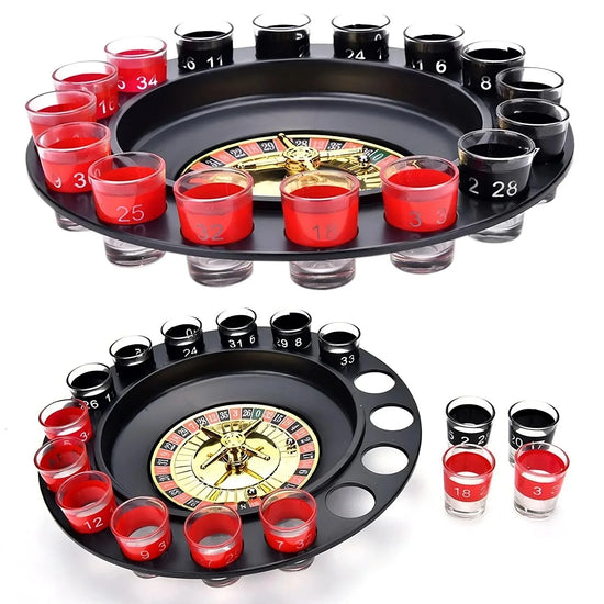 Glass roulette drinking game set with numbered red and black shot glasses on a black tray.