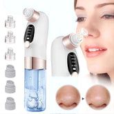 Electric pore vacuum blackhead remover with interchangeable tips and water tank, shown in use on nose.