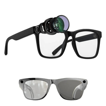 Futuristic black smart glasses with clear and tinted lenses, square frame, tech accents