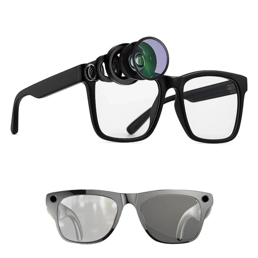 Futuristic black smart glasses with clear and tinted lenses, square frame, tech accents