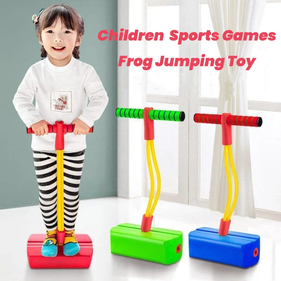 Child wearing striped pants and a white sweatshirt using colorful foam pogo jumper toy indoors