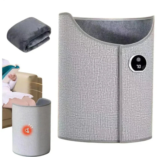 Gray textured heated leg wrap with digital display, soft material, for cozy relaxation