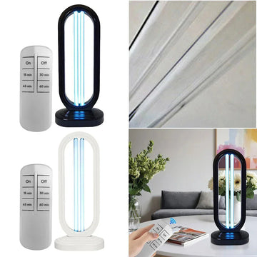 Modern UV light lamp in black and white, oval design, remote control, used in living room