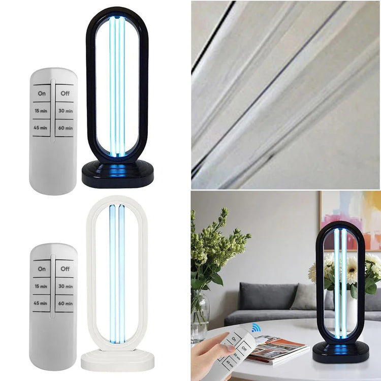 Modern UV light lamp in black and white, oval design, remote control, used in living room