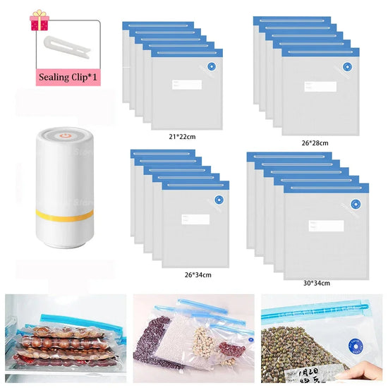 Vacuum food storage bags with blue seal, sealing clip, portable vacuum pump, various sizes, and examples of storing beans and sausage.