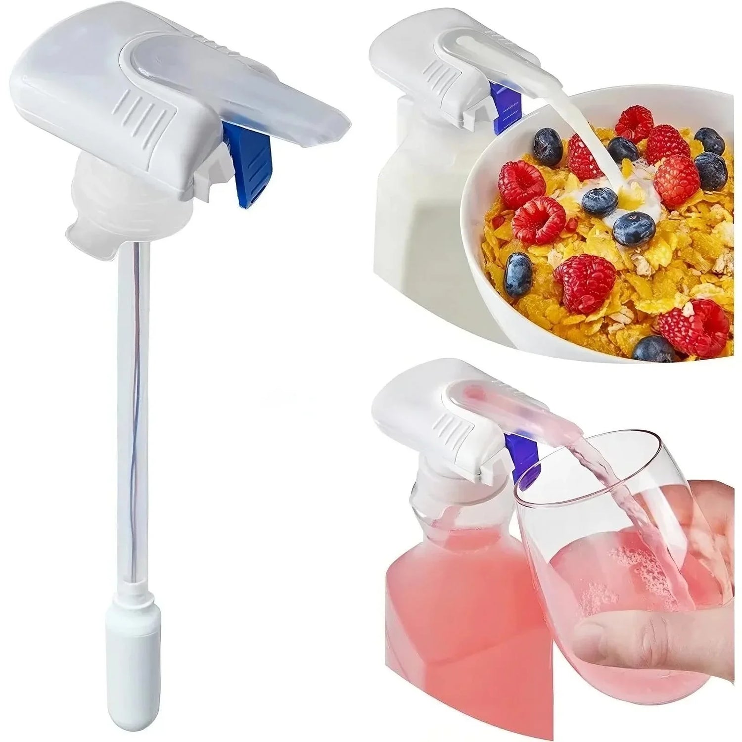 Automatic liquid dispenser pump for bottles, shown pouring milk and juice easily.