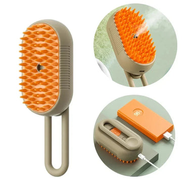 Portable orange and beige silicone grooming brush with USB charging, ergonomic design