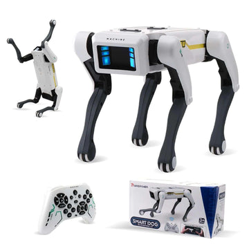 White and black remote control robotic dog toy with blue LED face, controller, and packaging.