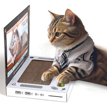 Tabby cat in white shirt with striped tie, wearing business attire, using a faux laptop prop.