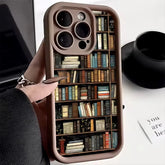Brown phone case with colorful bookshelf print, glossy finish, slim modern fit