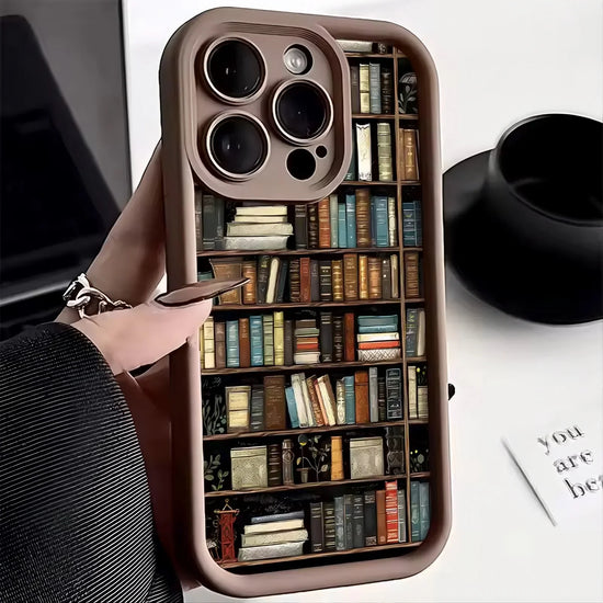 Brown phone case with colorful bookshelf print, glossy finish, slim modern fit