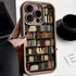 Brown phone case with colorful bookshelf print, glossy finish, slim modern fit