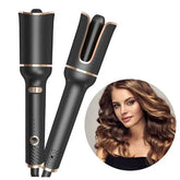 Automatic hair curler with black and gold finish, shown next to a woman with voluminous curls