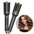 Automatic hair curler with black and gold finish, shown next to a woman with voluminous curls
